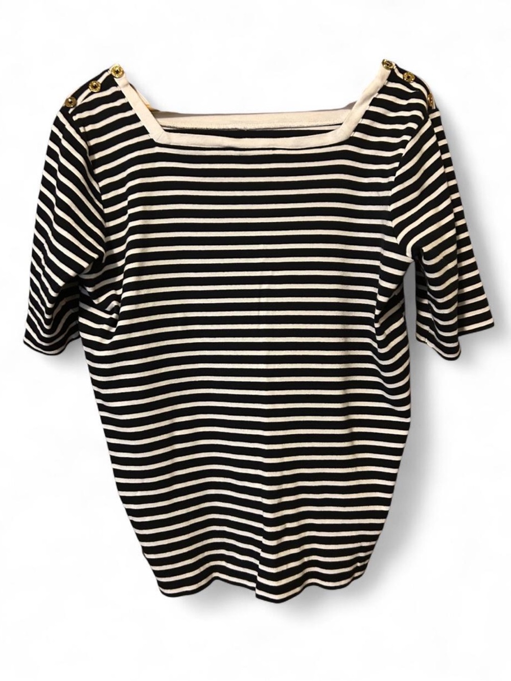 Striped Boatneck Short Sleeve Top with Gold Button Detail - Navy/White